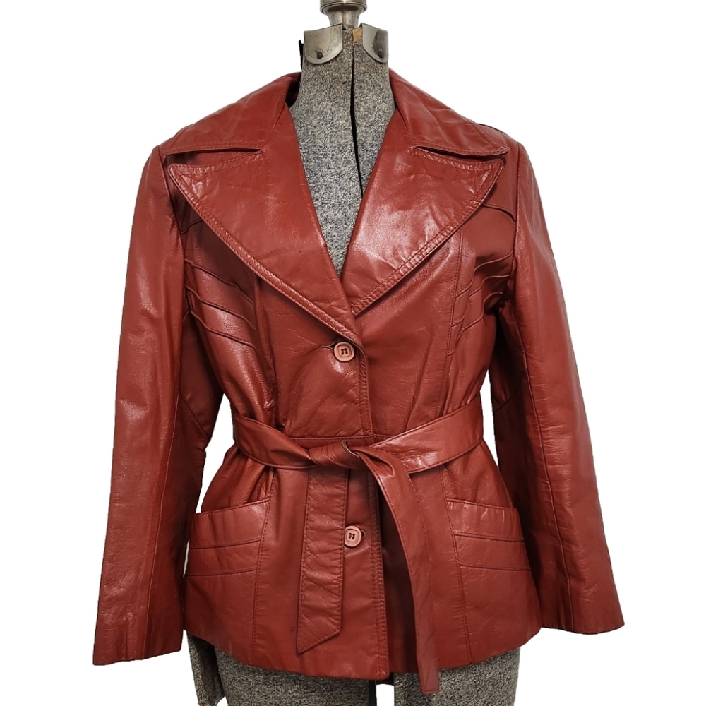 Vintage 70's Burnt Orange Leather Belted Jacket - image 1